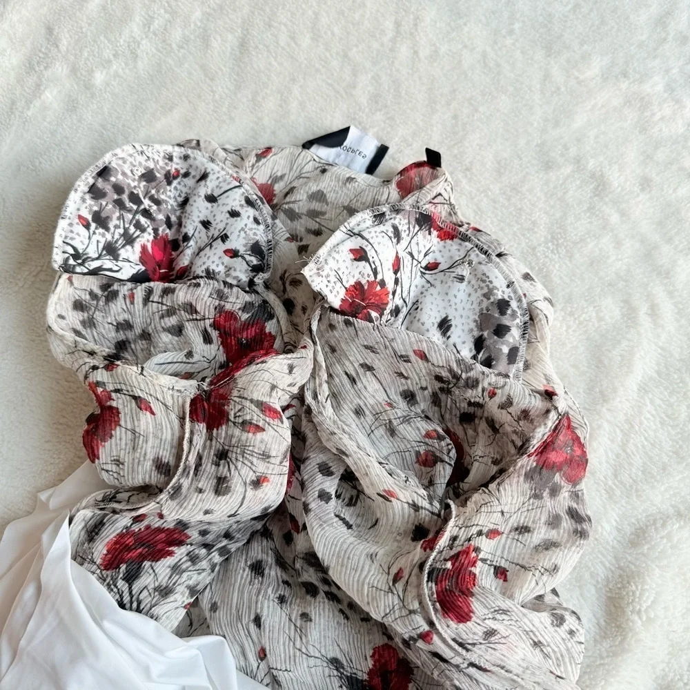 The Kooples Flying Flowers Silk White Red Long Sleeve Mini Dress FR 2 US S